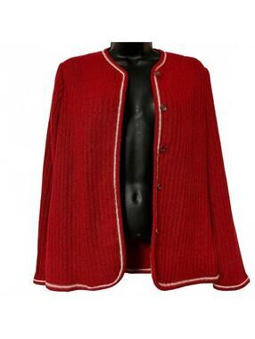 Vintage 1960s 70s Red Ribbed White Gold Enamel button long cardigan sweater S
